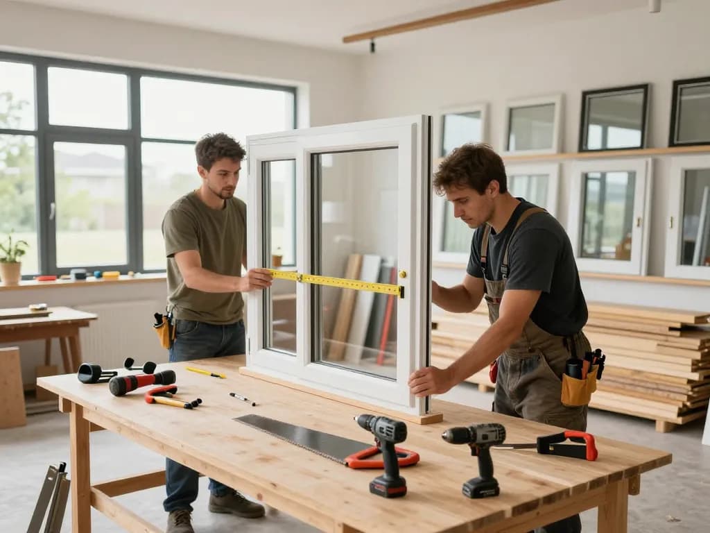 Experten-Handwerk im Fensterbau in einer modernen Bauumgebung mit erfahrenen Arbeitern, die Fenster installieren.