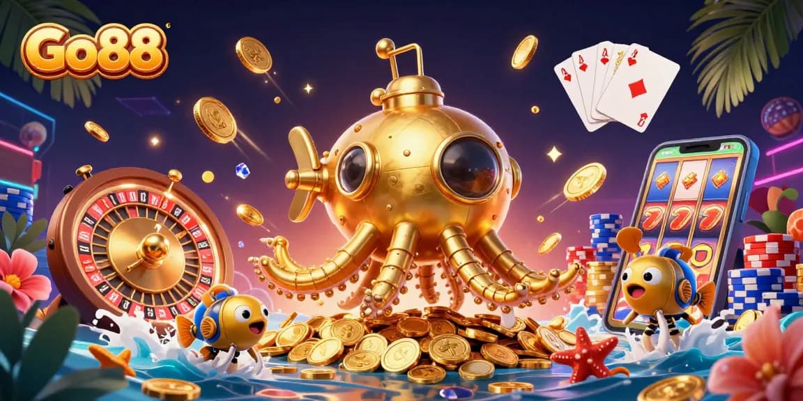 Engage with Go88 as the golden kraken submarine surfaces through coins, enhancing gaming excitement.