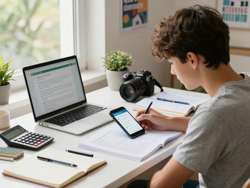 Student, der eine Hausaufgaben-Scanner-App auf einem Smartphone in einem hellen Arbeitszimmer verwendet.