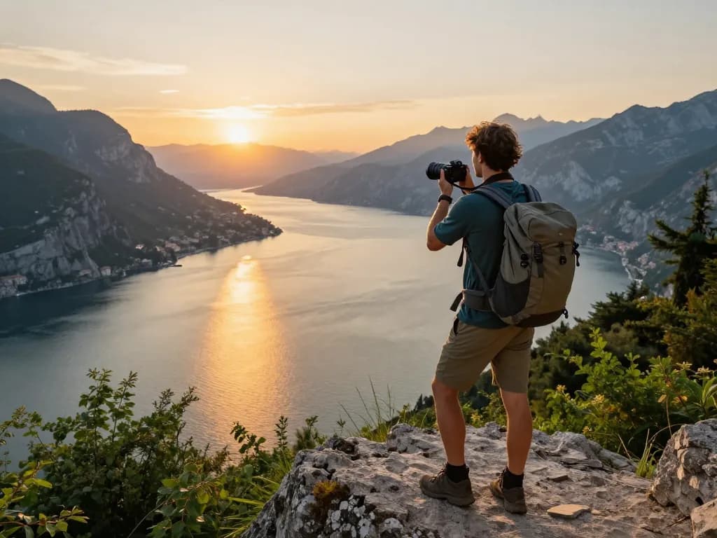 Wunderschöne Szene von Gardasee Reisetipps Reisenden bei Sonnenuntergang, die den Blick auf den See und die Berge einfängt.