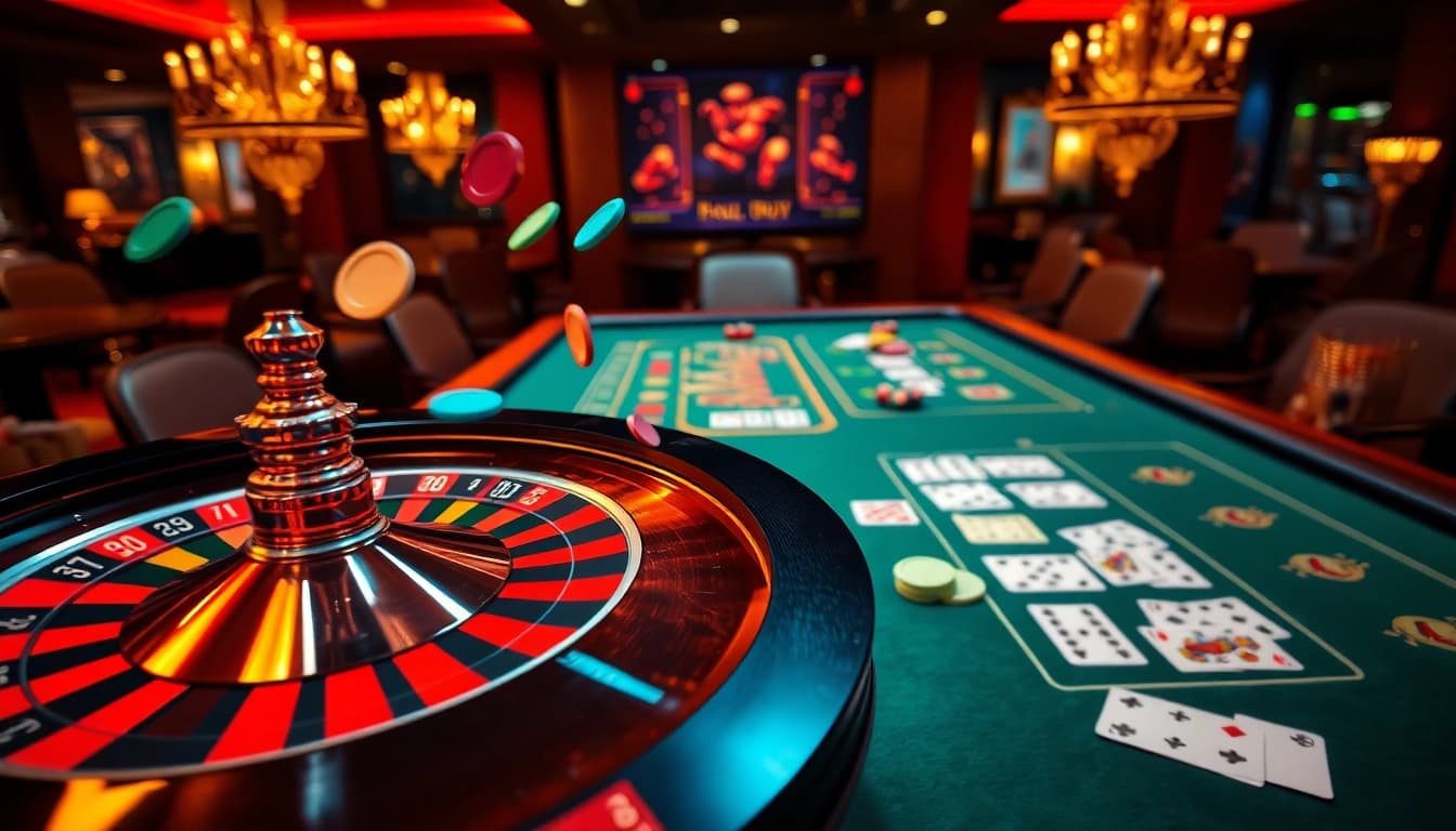 Spannende casinospiele in einem eleganten Casino mit Roulette und Kartenspielen.
