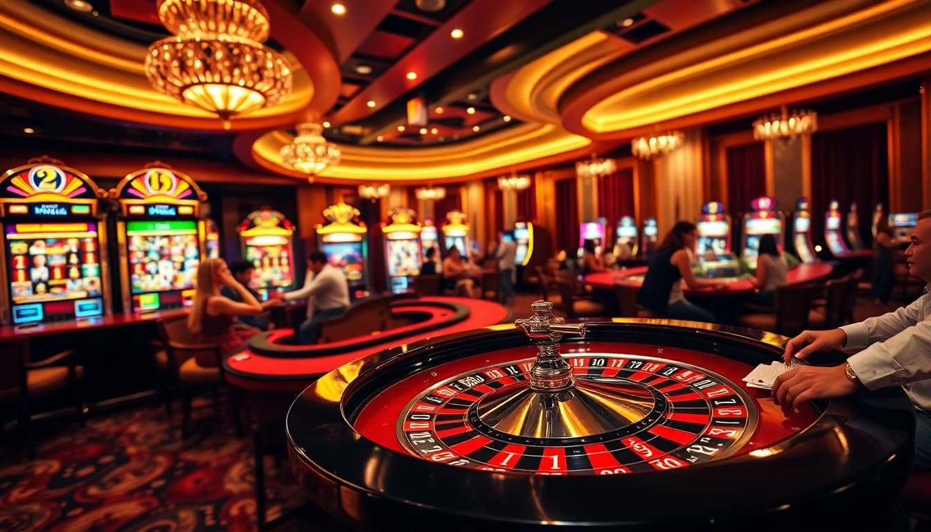 Exciting casino scene at https://www.bdtk1.org/ with vibrant roulette table and colorful slot machines.