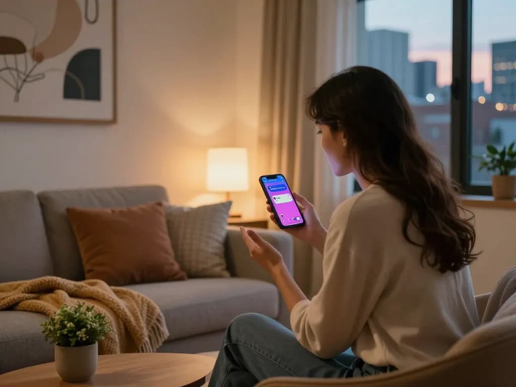 Woman chatting with her girlfriend AI on smartphone, showcasing emotional connection in a cozy urban space.