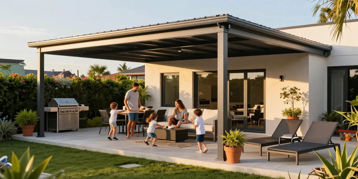 Moderne Terrassenüberdachung mit Familie im Garten bei Sonnenschein.