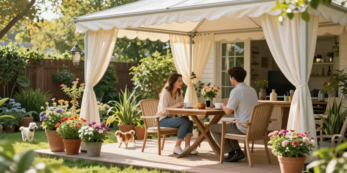 Freistehende Terrassenüberdachung mit gemütlichem Sitzbereich und blühenden Pflanzen.
