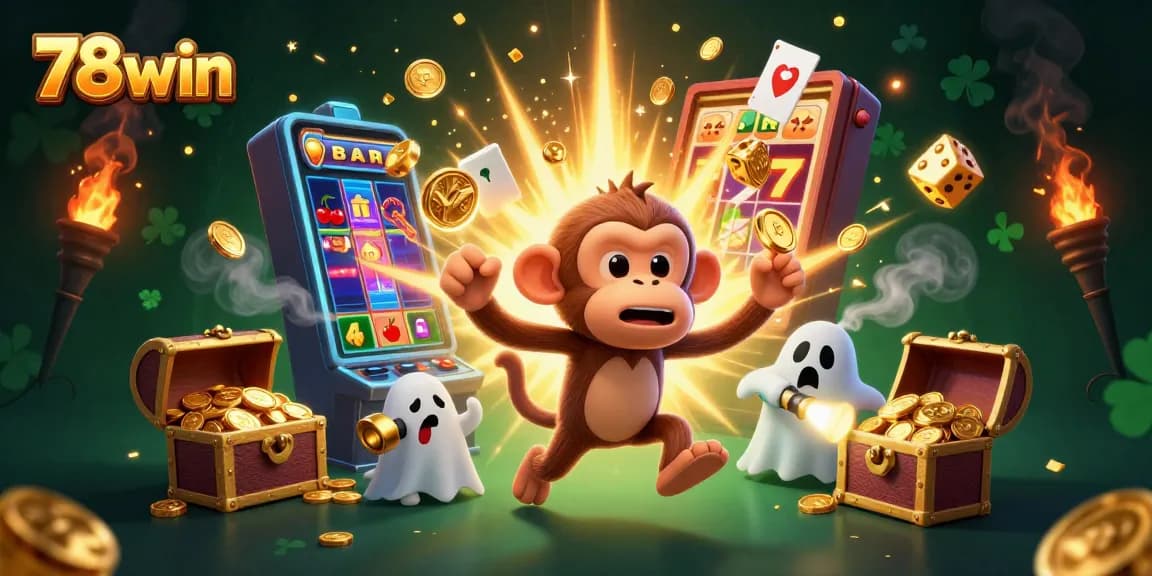 Join the fun at 78win with a lively 3D illustration of a ghost monkey juggling gold while a puppy hunts for wins.