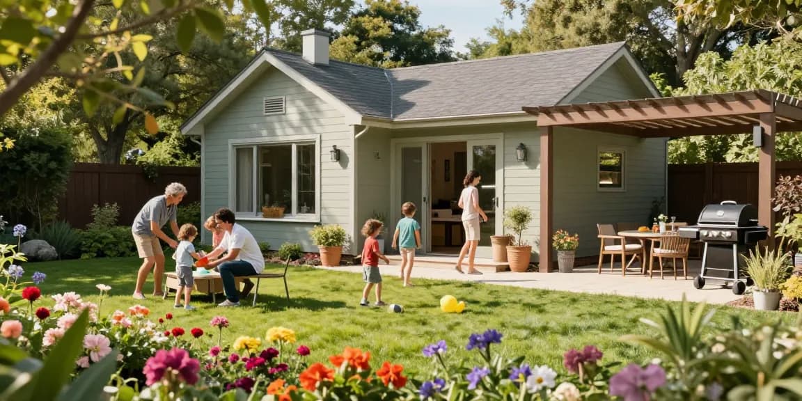 Stilvolles Garten Haus in einem blühenden Garten mit Familie und Spielbereich.