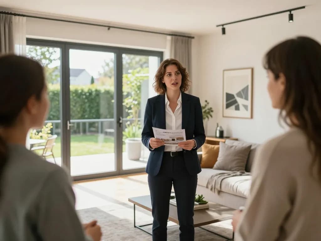 Engagierter Immobilienmakler in Frankfurt Preungesheim präsentiert potenziellen Käufern ein modernes Zuhause und stellt Immobilien vor.