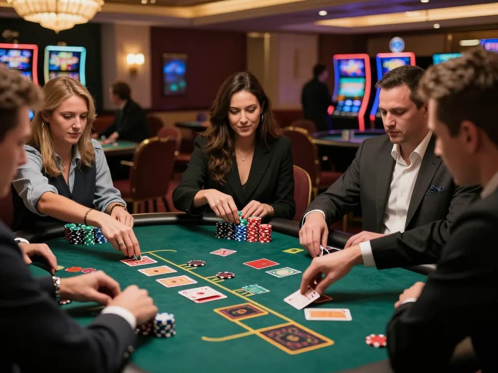 Experience the thrill of Plagiat Scan as players strategize at a busy blackjack table in a luxury casino.