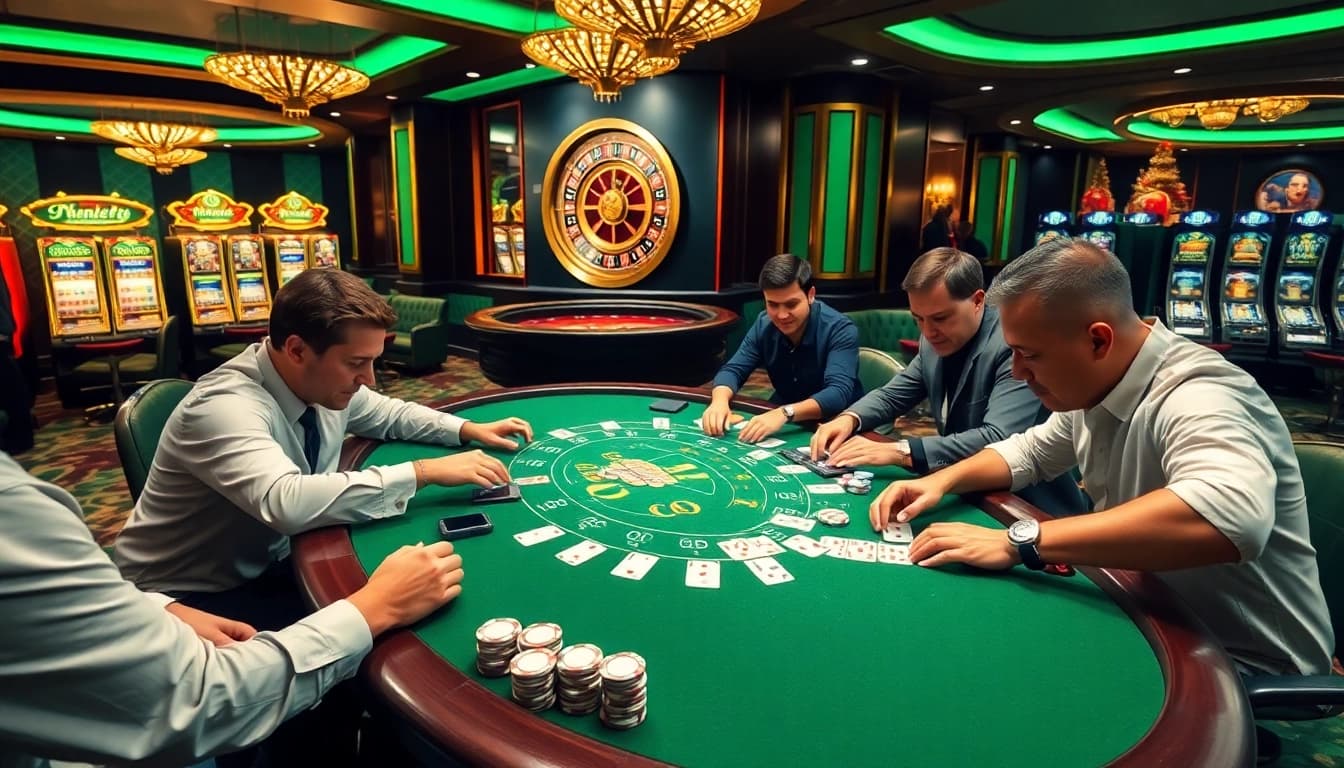 Experience excitement at mv88 casino with professional players at a poker table.