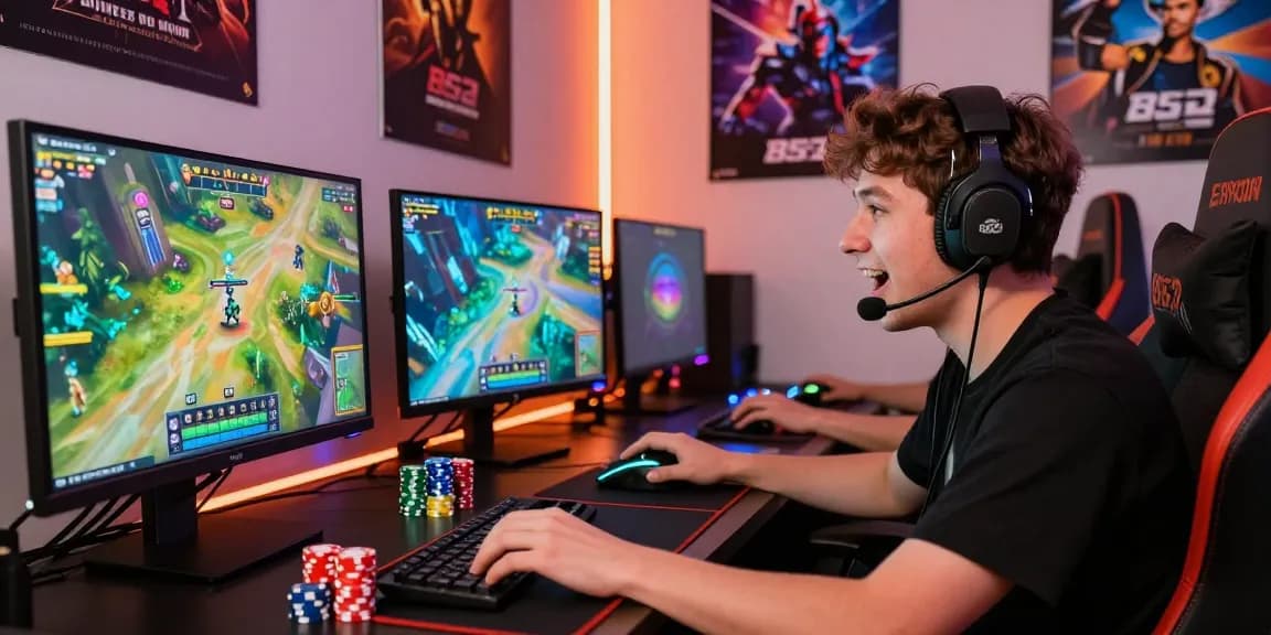 A passionate gamer at their setup enjoying B52 CLUB online games, showcasing vibrant screens and dynamic atmosphere.