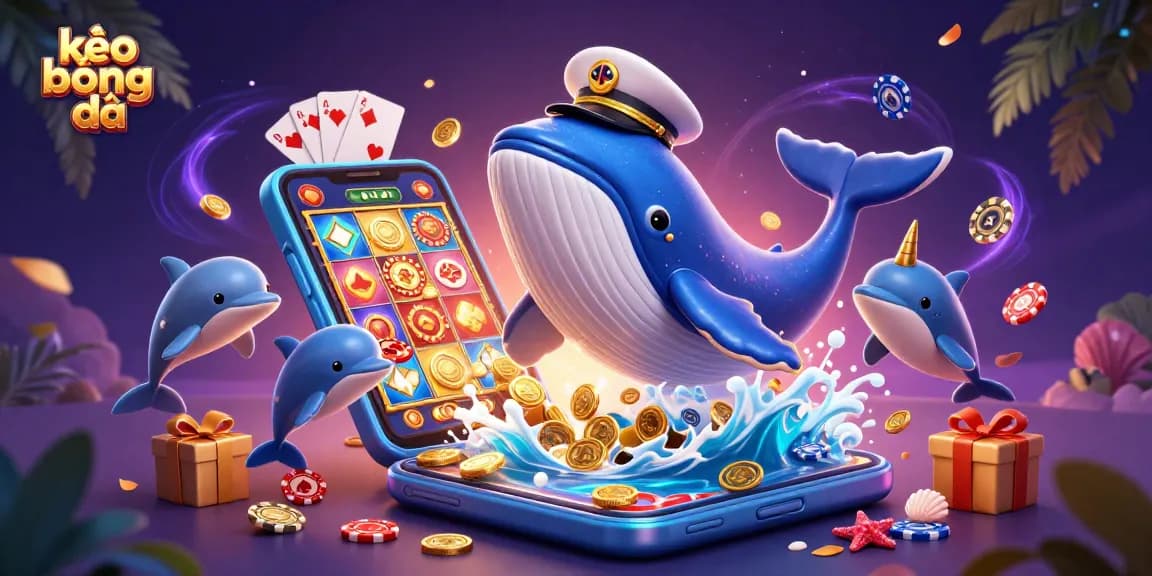 Bet on kèo bóng đá with vibrant ocean-themed casino illustration featuring a whale and dolphins.