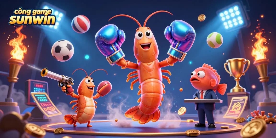 Cổng game sunwin showcases a vibrant gambling scene with animated sea creature characters and dynamic sports elements.