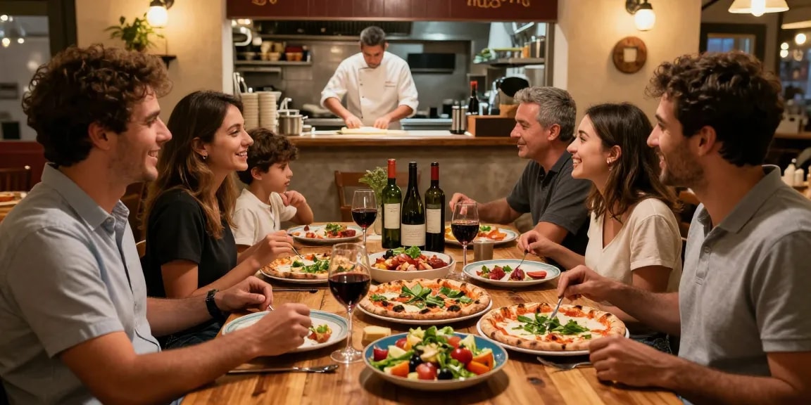 Family enjoying authentic pizza at Pizzeria Madera reflecting cozy atmosphere and freshness of pg soft ingredients.