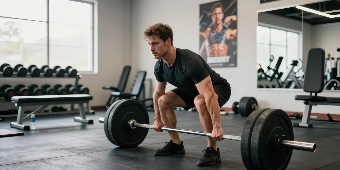 Anabolika kaufen für Muskelwachstum im Fitnessstudio: Athlet beim Deadlift mit Gewichten und Fitnessausrüstung.