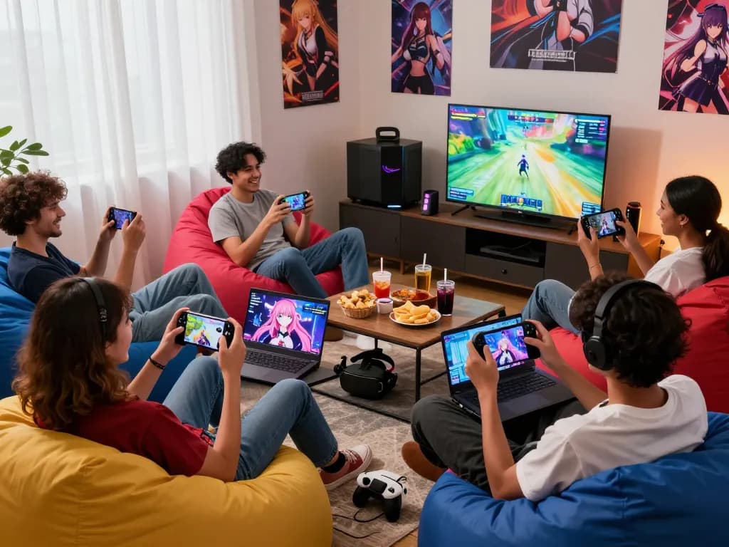 Friends playing hentai game on mobile devices in a cozy living room