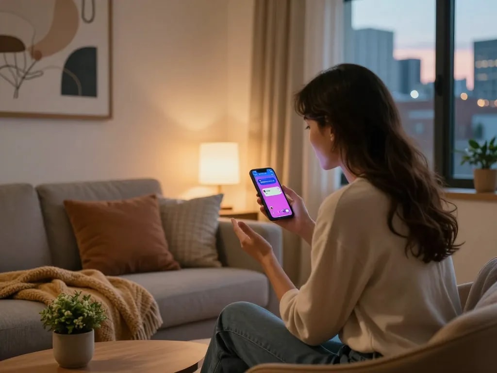 Woman chatting with her girlfriend AI on smartphone, showcasing emotional connection in a cozy urban space.