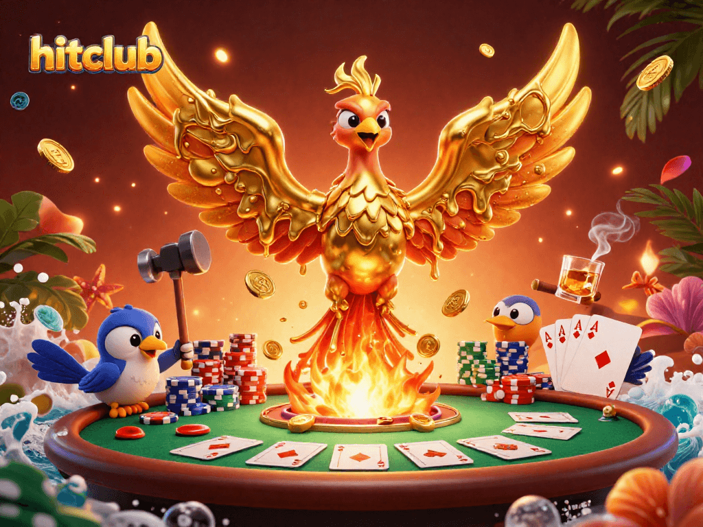 Hitclub gamblers engage with vibrant poker action amid molten golden phoenix and dynamic accessories