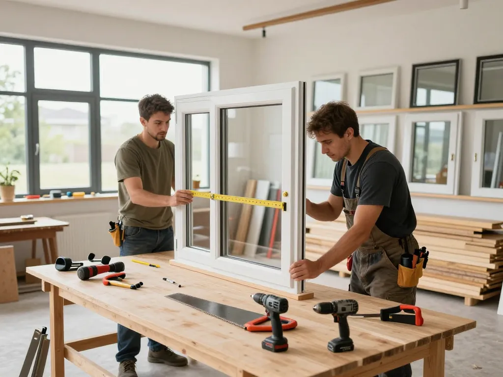 Experten-Handwerk im Fensterbau in einer modernen Bauumgebung mit erfahrenen Arbeitern, die Fenster installieren.