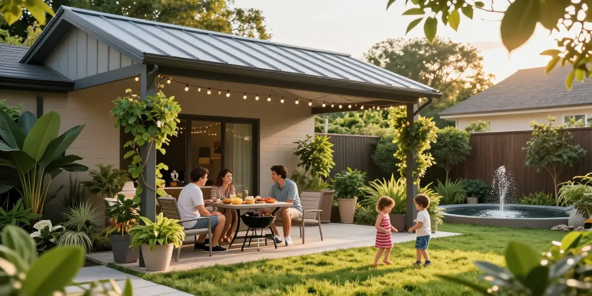 Terrassenüberdachungen in einem liebevoll gestalteten Garten mit entspannter Atmosphäre und leuchtendem Sonnenlicht.