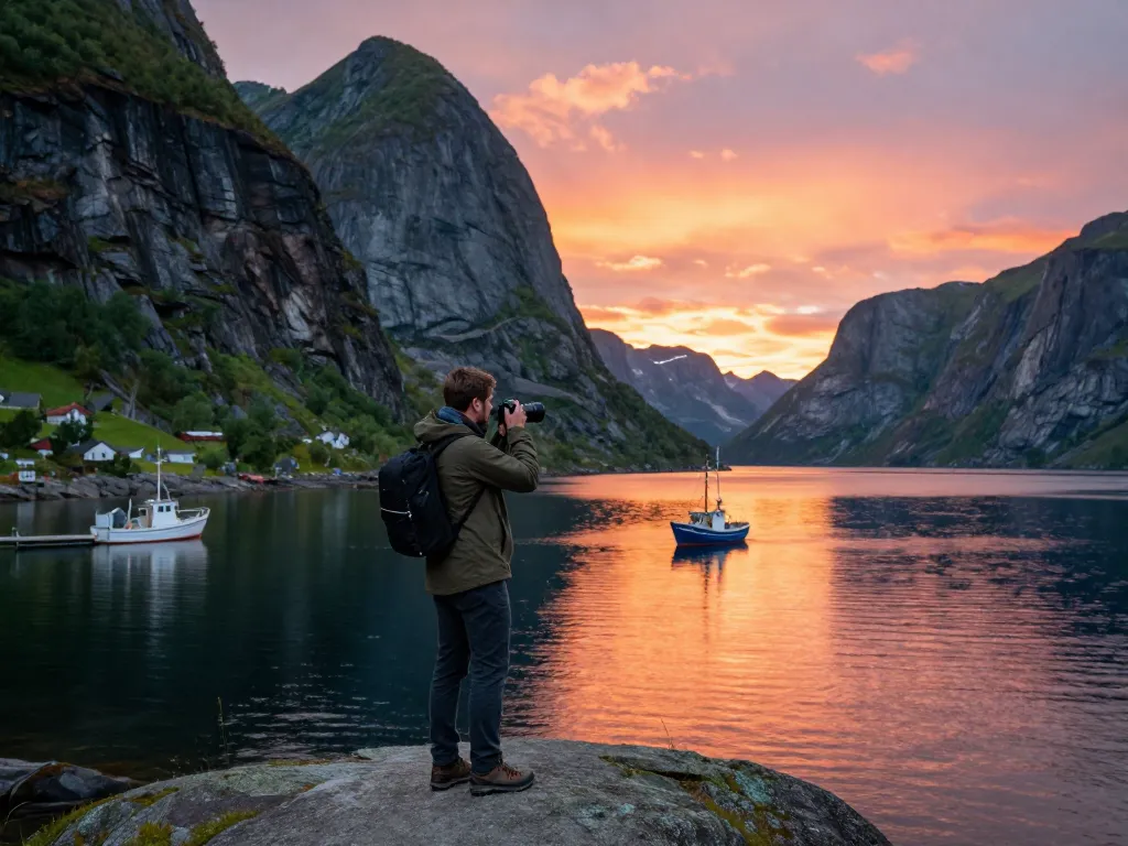 Beeindruckendes Urlaubserlebnis in Skandinavien, das einen Reisenden bei Sonnenuntergang während der Erkundung eines Fjords einfängt.