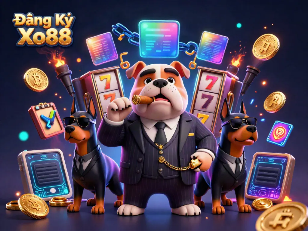 Experience Đăng Ký Xo88 with a 3D cartoon mafia boss and dynamic casino elements.