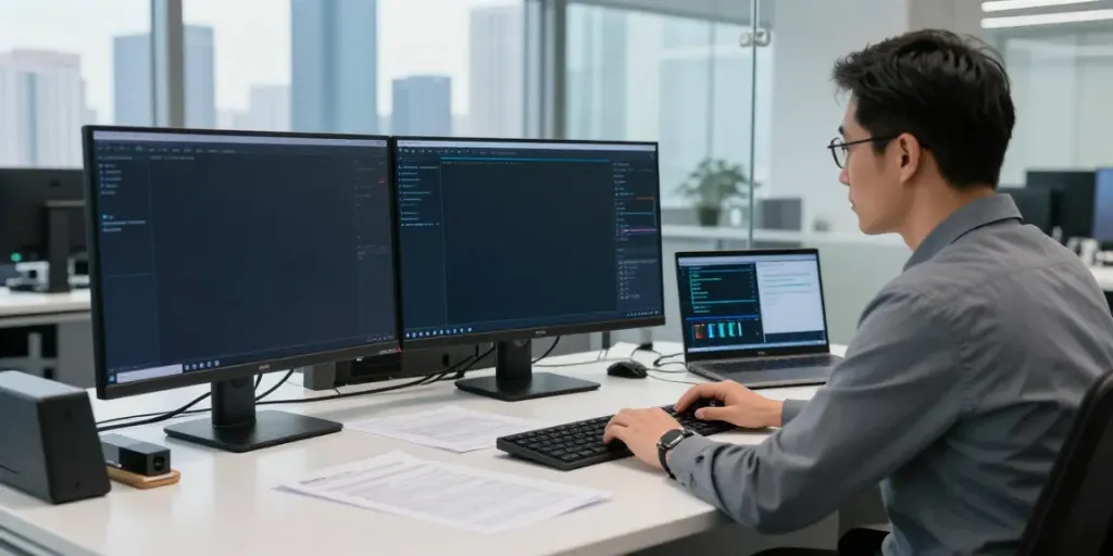 Sichere IT-Dienstleistungen in Frankfurt: IT-Sicherheitsberatung in modernem Büro.