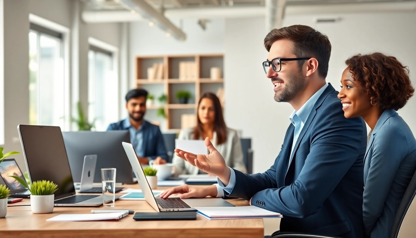 Headhunter IT bespricht Karrieremöglichkeiten in modernem Büro mit Kandidaten.