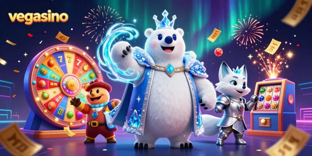 Engage with vegasino's thrilling casino gameplay featuring a royal bear and fox amidst colorful slot symbols.