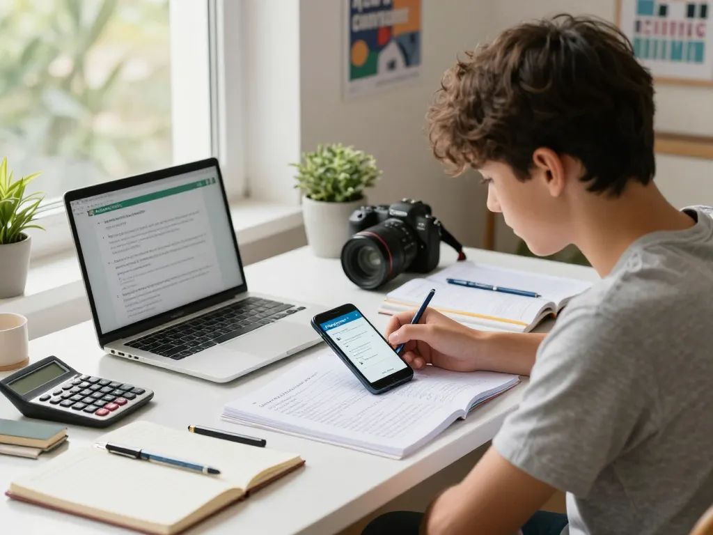 Student, der eine Hausaufgaben-Scanner-App auf einem Smartphone in einem hellen Arbeitszimmer verwendet.