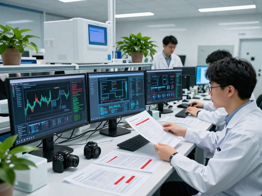 Advanced document fraud detection in a high-tech lab with data analysts reviewing digital documents.