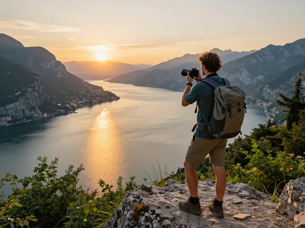 Wunderschöne Szene von Gardasee Reisetipps Reisenden bei Sonnenuntergang, die den Blick auf den See und die Berge einfängt.