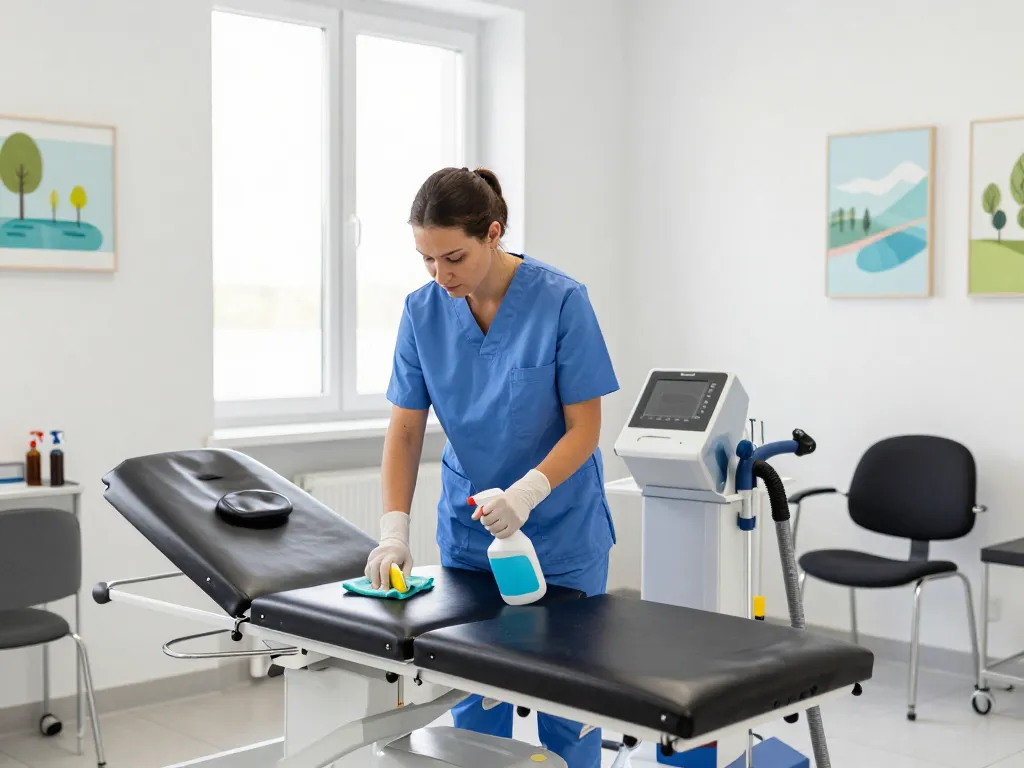 Zuverlässige Praxisreinigung in Münster, die einen professionellen Reinigungsexperten zeigt, der mit akribischer Sorgfalt einen Patientenuntersuchungsraum desinfiziert.