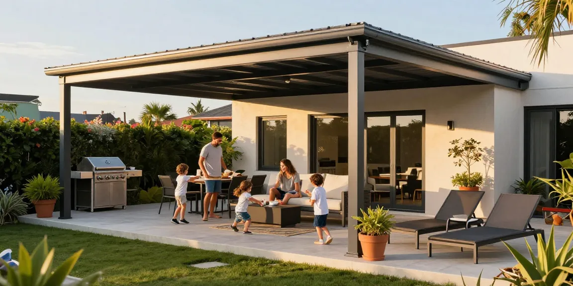 Moderne Terrassenüberdachung mit Familie im Garten bei Sonnenschein.
