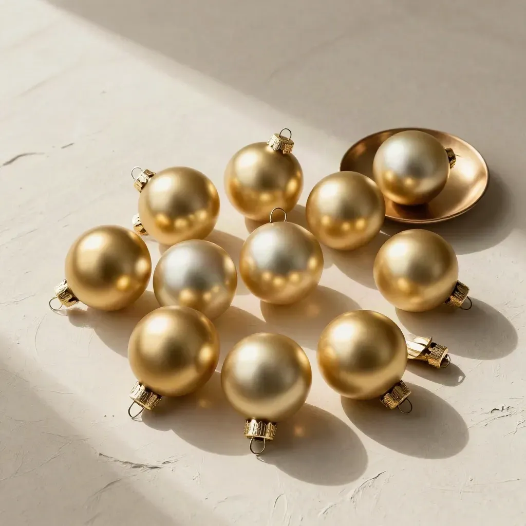 Zwölf goldene Christbaumkugeln neben einer Bronzes Schale auf hellem Putz, von oben arrangiert.