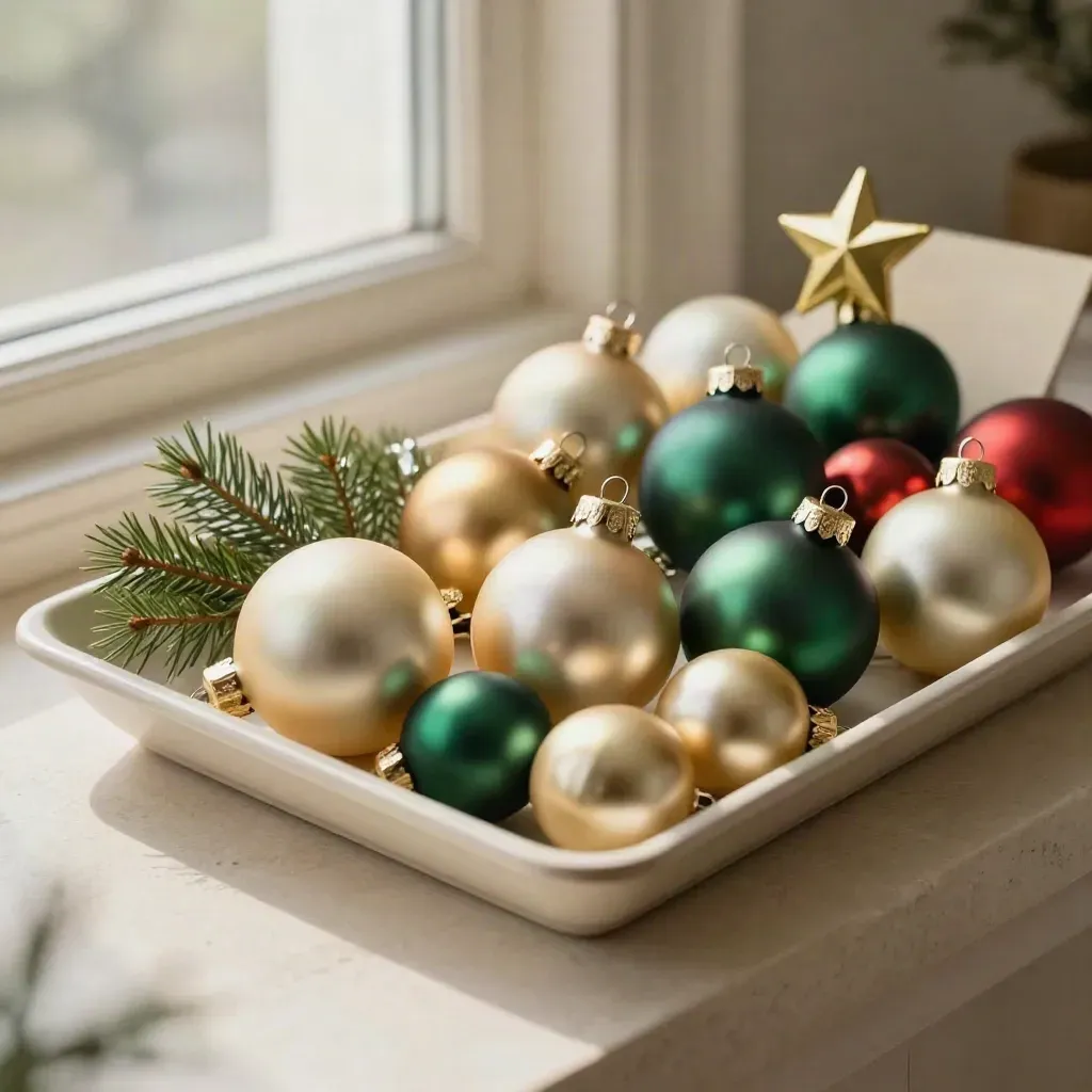24 Weihnachtskugeln und Sternspitze in einer Schale auf hellem Stein mit Tannenzweig.