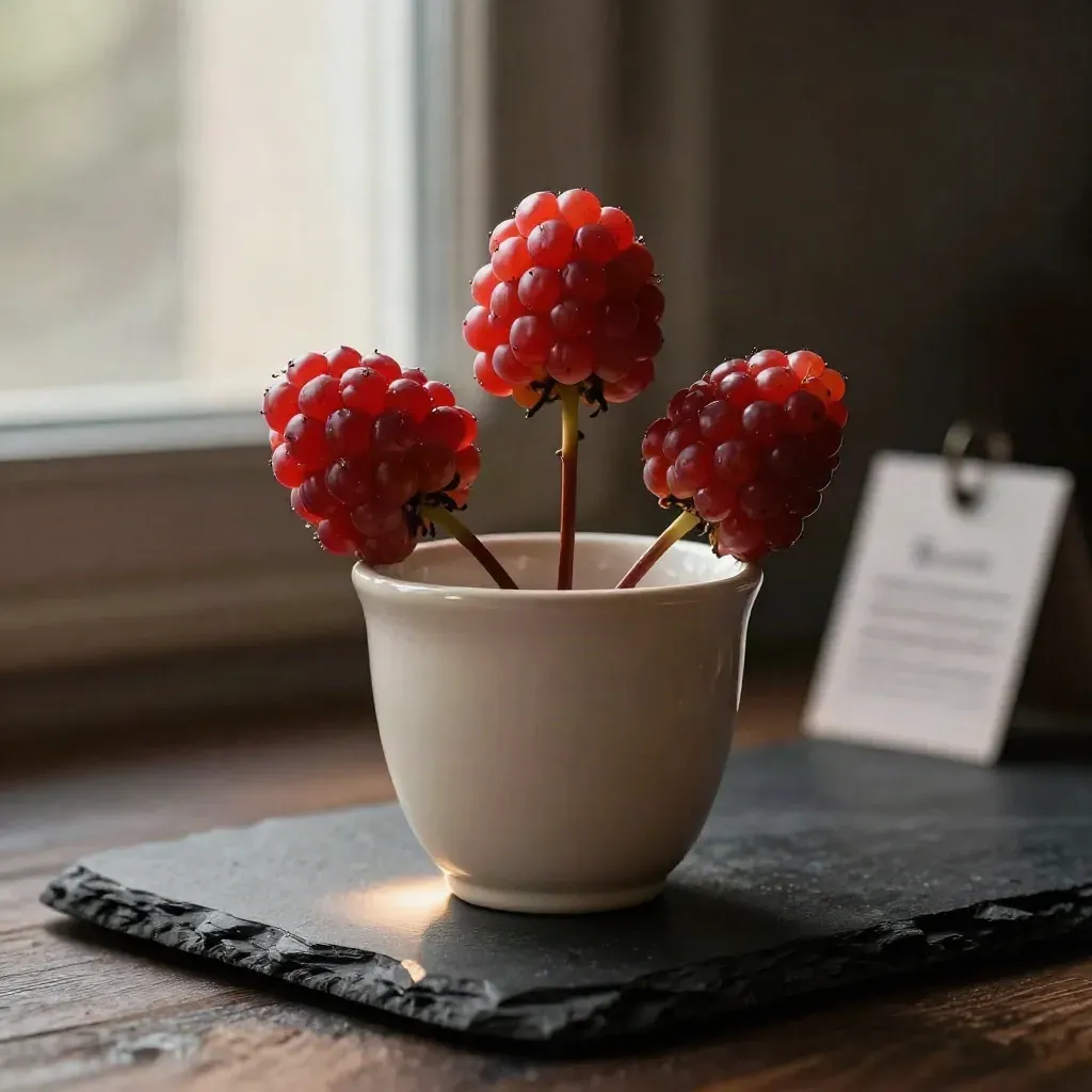 Drei rote Beeren-Picks in einer Keramiktasse auf dunklem Untergrund, dramatisch beleuchtet.