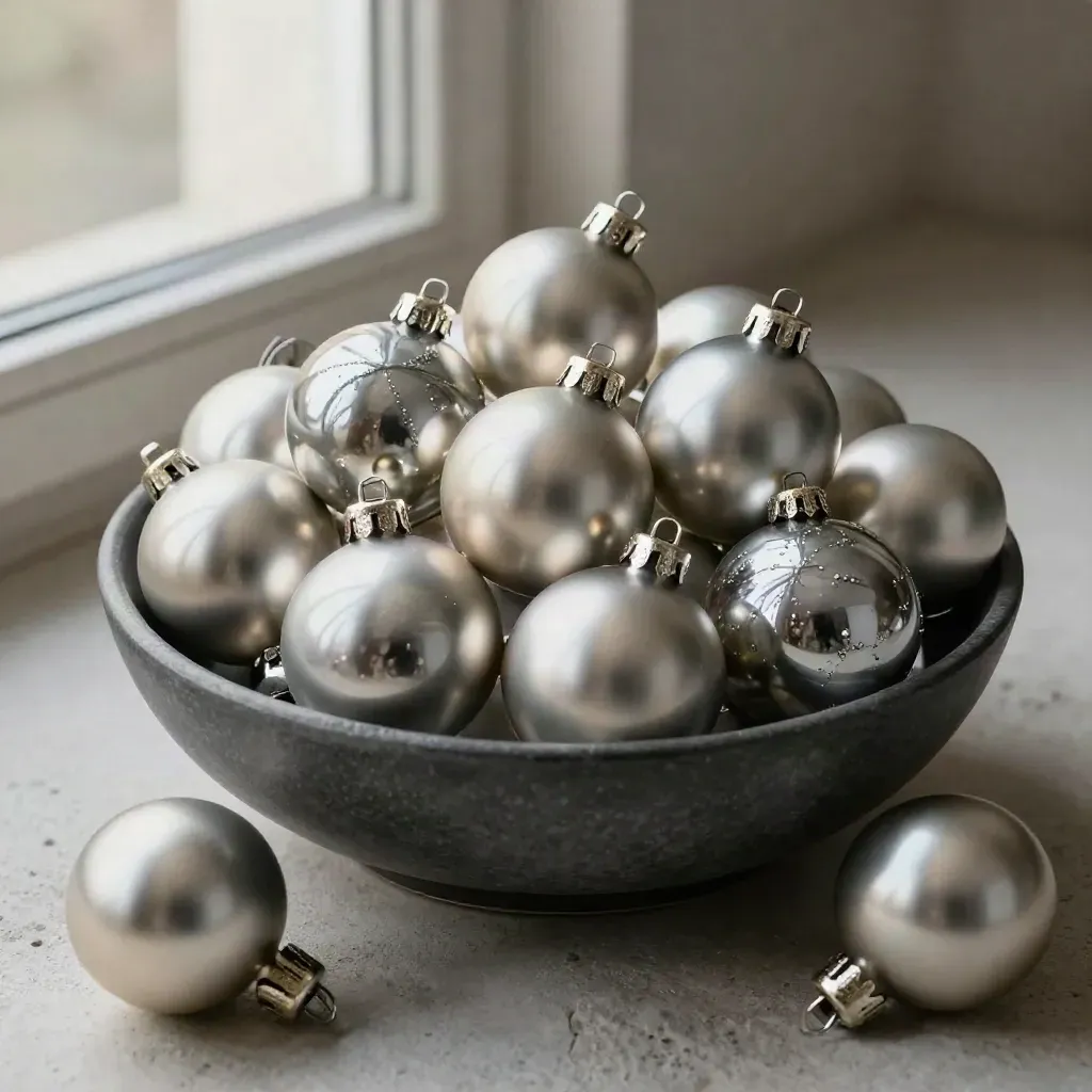 Silberne Christbaumkugeln in einer graphitfarbenen Schale auf Stein im Makrolicht