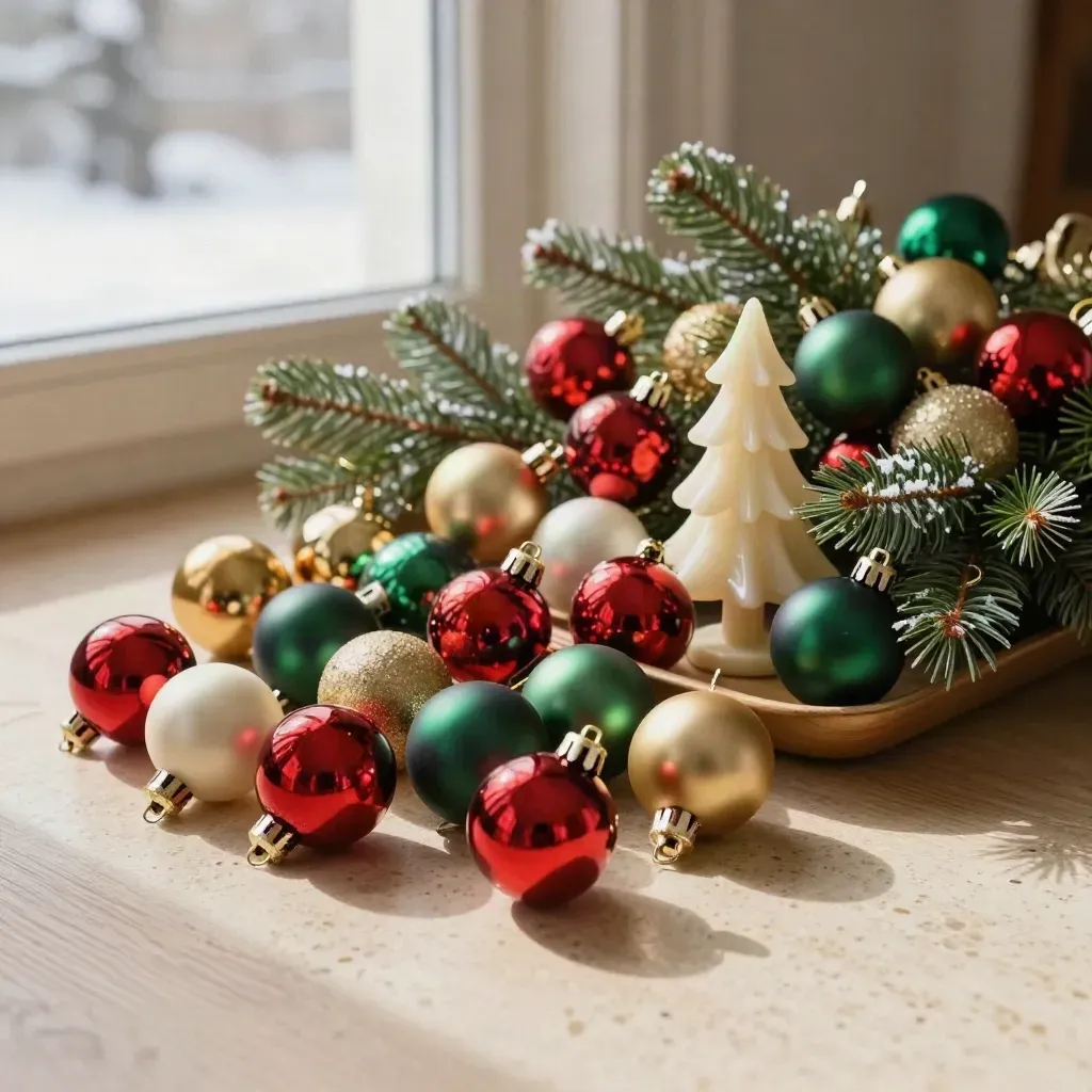 Christbaumset mit roten, goldenen und grünen Kugeln auf hellem Stein