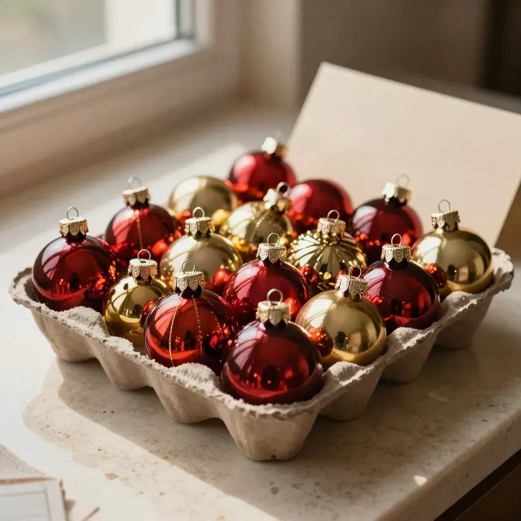 24 rote und goldene Christbaumkugeln in flacher Kartonwanne auf hellem Stein