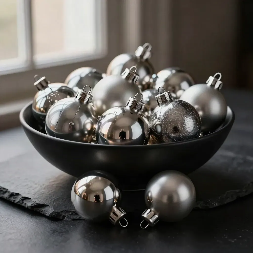 Zwölf silberne Weihnachtskugeln in einer dunklen Schale auf Stein, dramatisch beleuchtet
