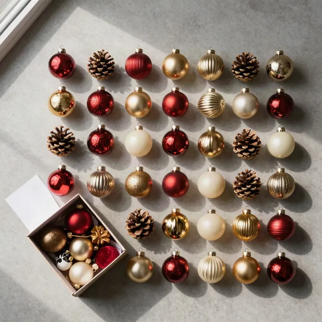 Flachlay eines 36-teiligen Weihnachtsornament-Sets aus offenem Karton mit geordneten Schmuckreihen