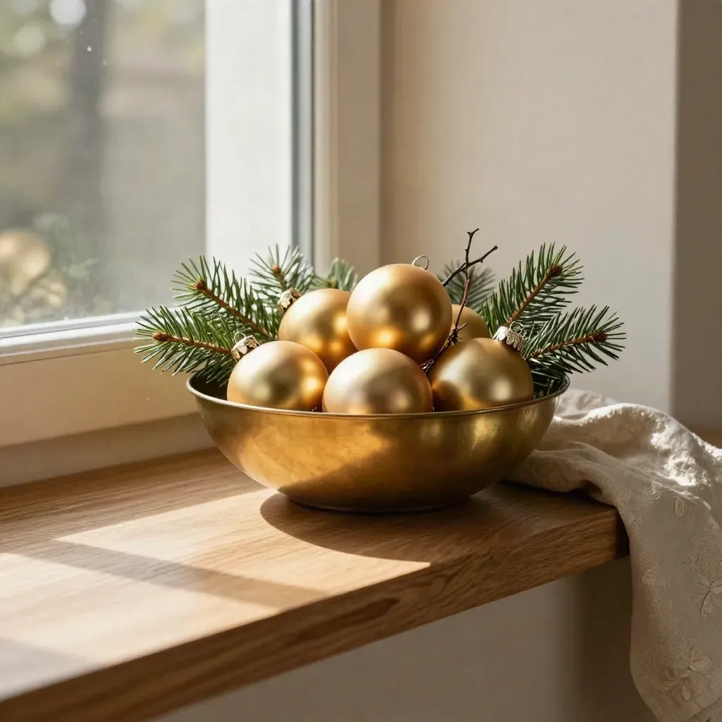 Goldene Christbaumkugeln in einer Messingschale auf sonniger Eichenfensterbank mit Tannenzweigen.