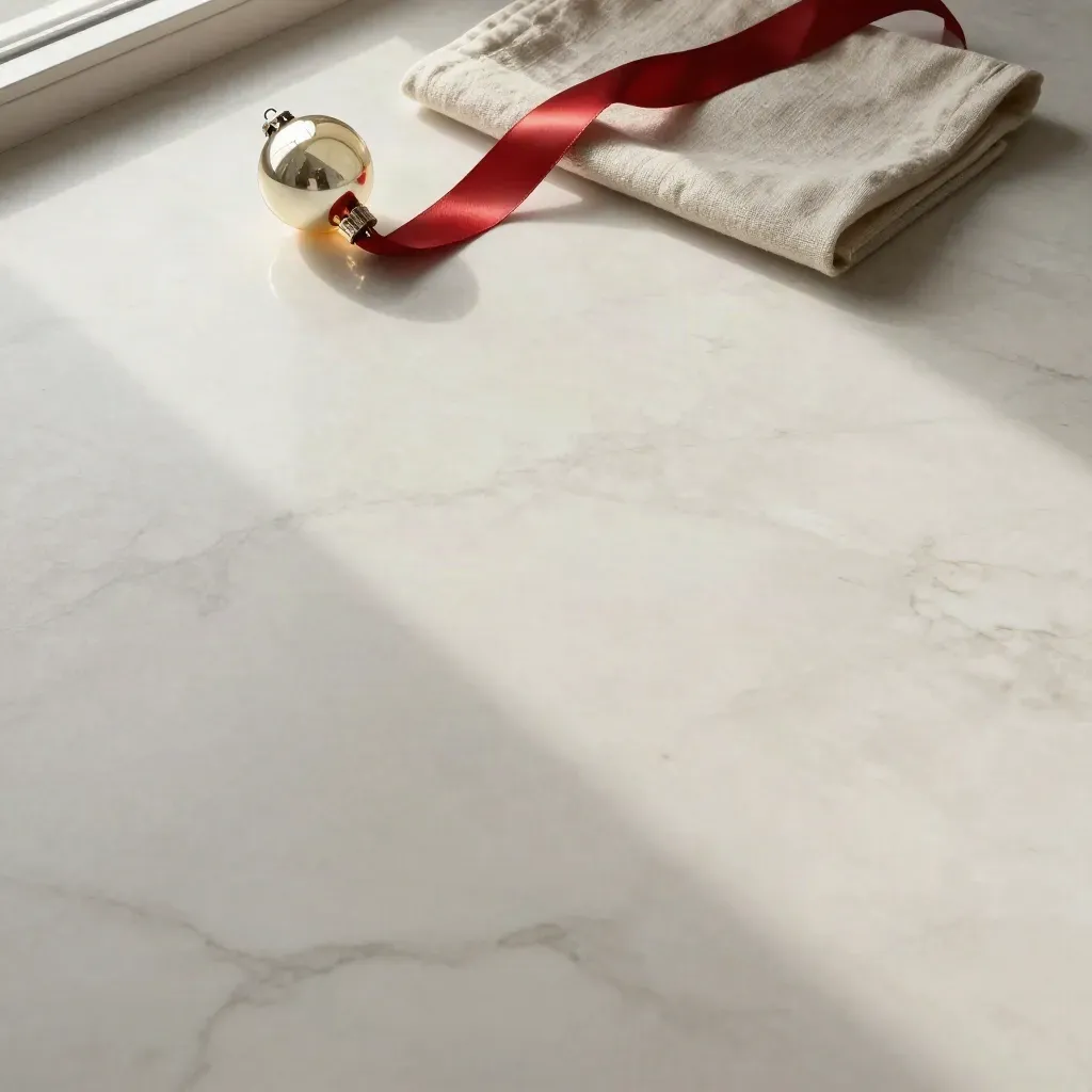 Marmorfläche mit roter Schleife, Glasornament und Leinenstoff im oberen Bilddrittel.