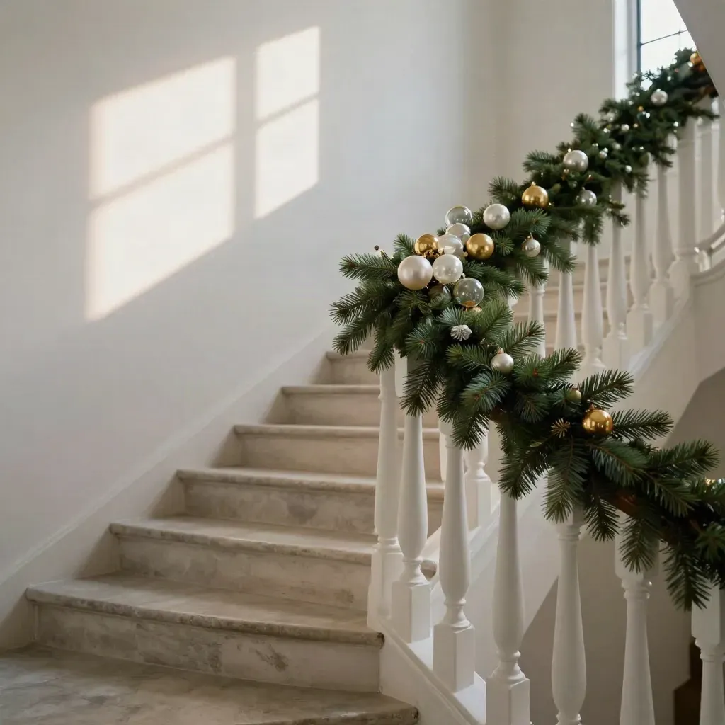 Weiße Treppe mit Girlande am Geländer und kleinen Christbaumornamenten im warmen Licht.