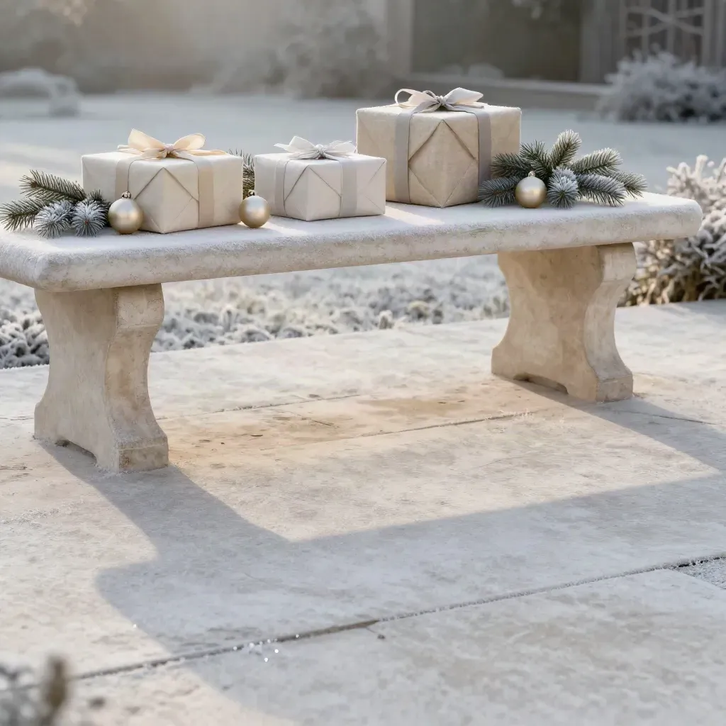 Winterterrasse mit Geschenkboxen, Tannenzweigen und goldenen Ornamenten im Frosthauch.