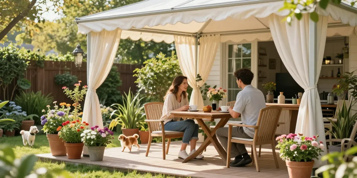 Freistehende Terrassenüberdachung mit gemütlichem Sitzbereich und blühenden Pflanzen.