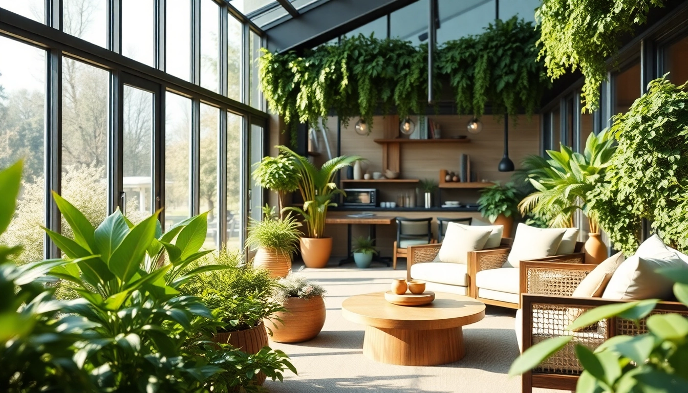 Wintergarten mit modernem Design und ueppigem Gruen, das einen luxurioesen Raum schafft.