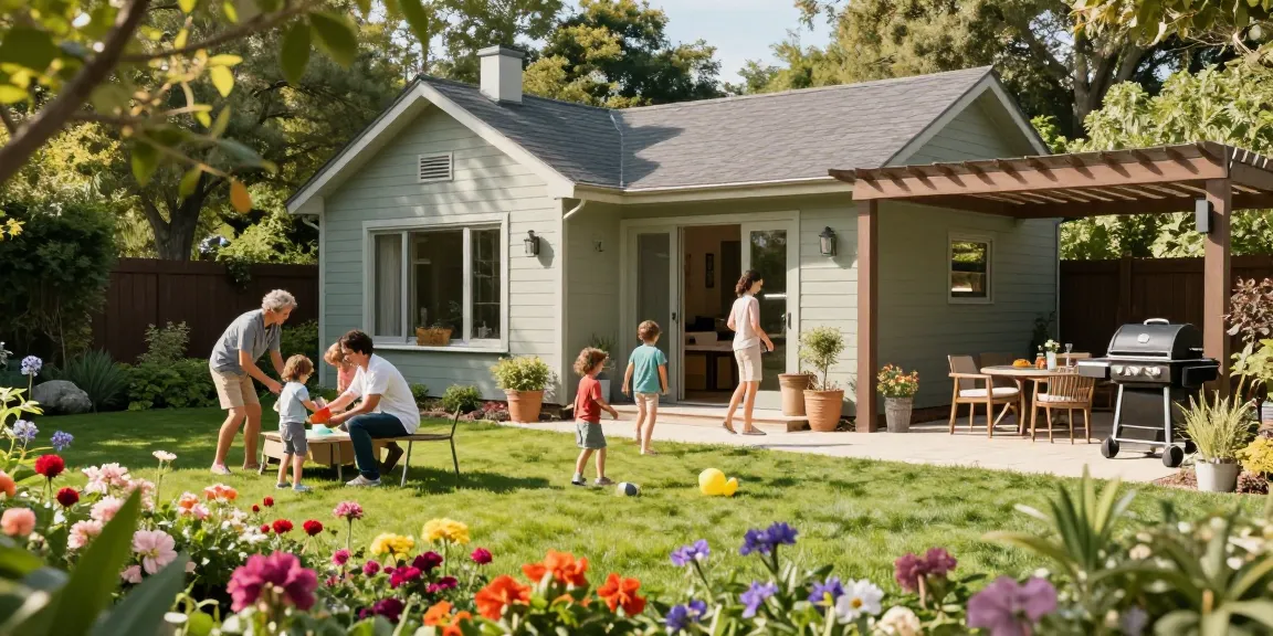 Stilvolles Garten Haus in einem blühenden Garten mit Familie und Spielbereich.