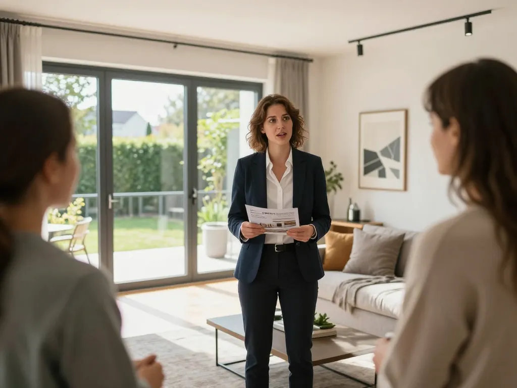 Engagierter Immobilienmakler in Frankfurt Preungesheim präsentiert potenziellen Käufern ein modernes Zuhause und stellt Immobilien vor.